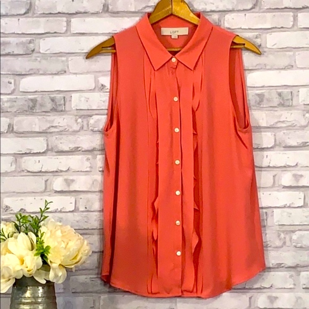 LOFT Coral Pink Ruffle Button Down Blouse